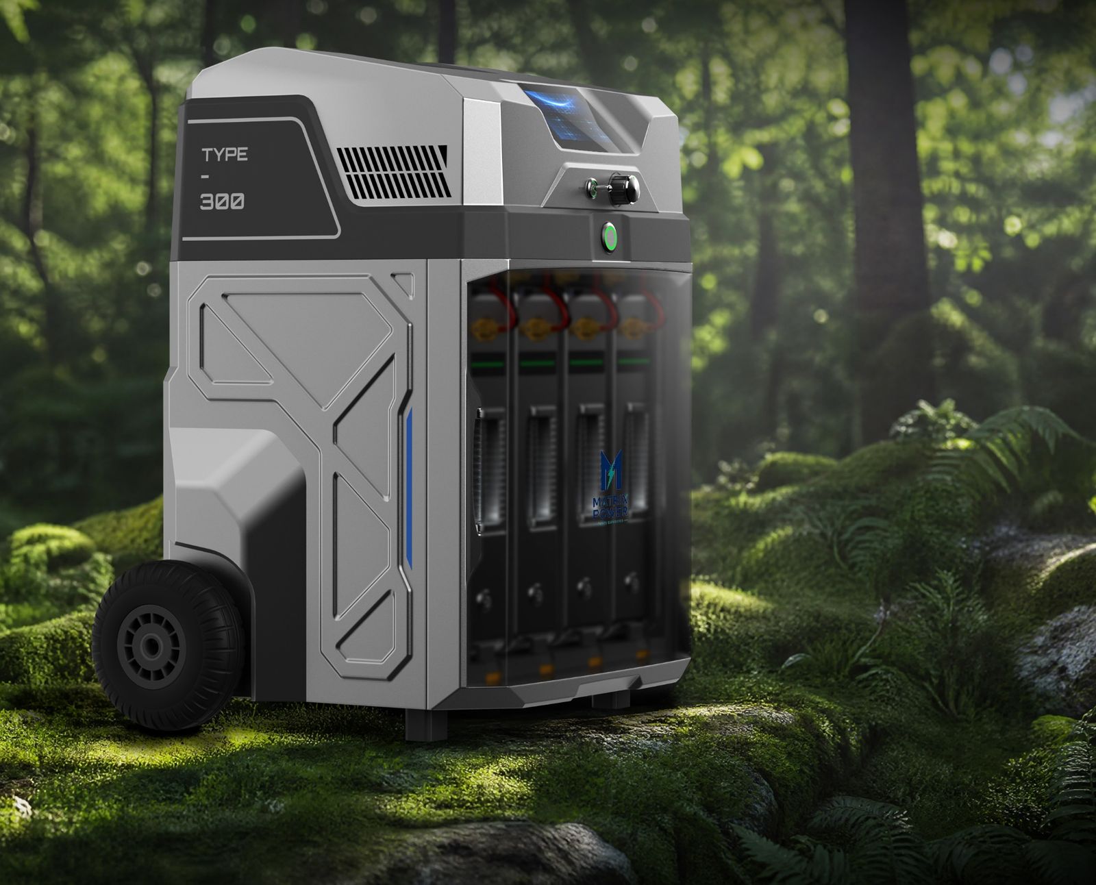 Design render of the unit standing on
        forest floor with its front door open, four battery modules visible in their bays