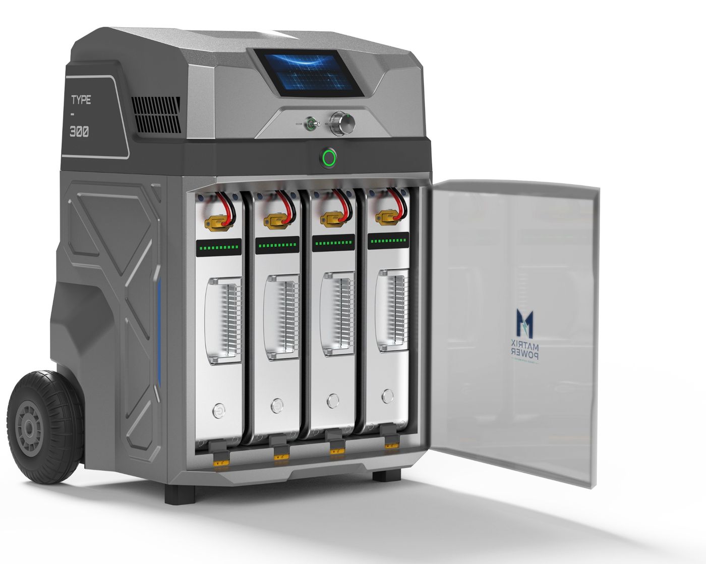The front door swung open, showing four
        battery modules on their rails, each with its own carry handle and state-of-charge strip
