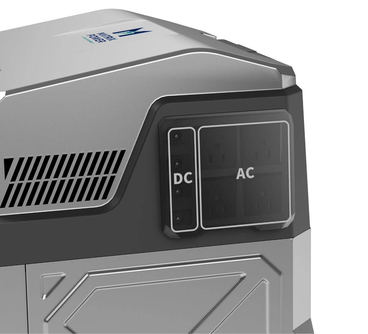 Close-up of the output bay under its flip-up cover: four DC ports in a column beside four AC sockets