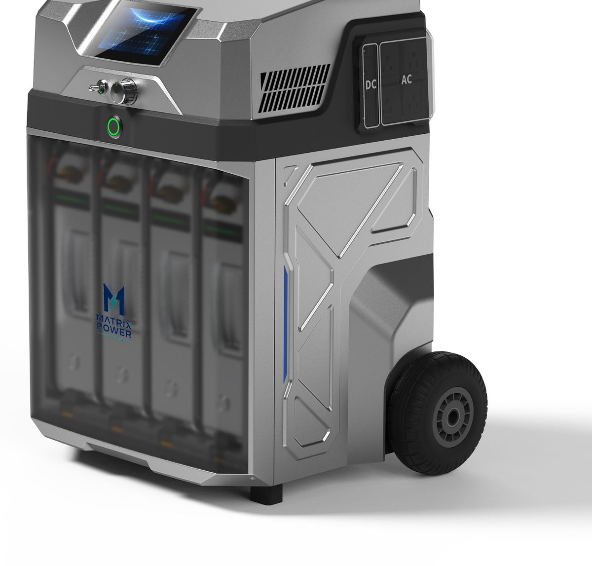 Three-quarter studio render of the unit
        with its four battery modules behind the translucent front door
