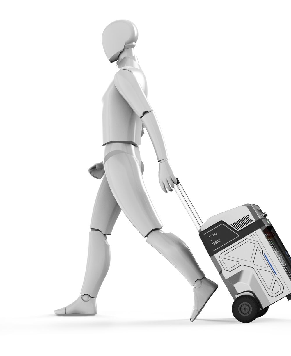 A figure walking while towing the unit on its two wheels by the retractable handle