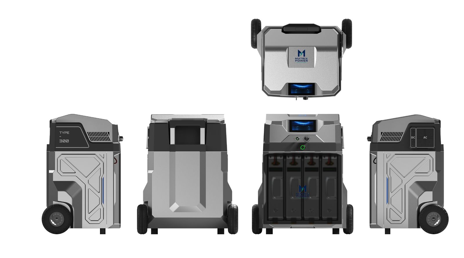 Orthographic views of the unit from the side,
      back, front and top